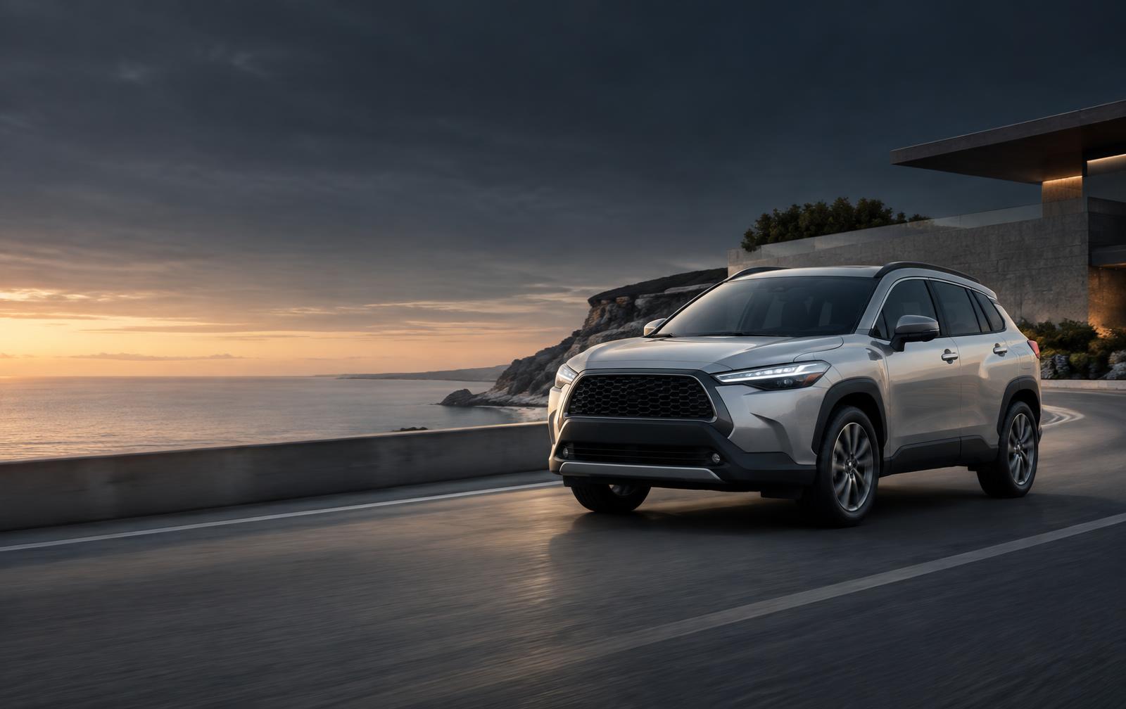 Silver crossover driving beside a modern coastal road